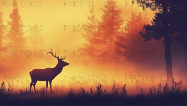 Silhouette Of Deer Standing In Meadow In Forest: Animal, Trees, Grass. Magical Misty Landscape With Fog. Orange, Black, And Pink Bookmark, AI generated