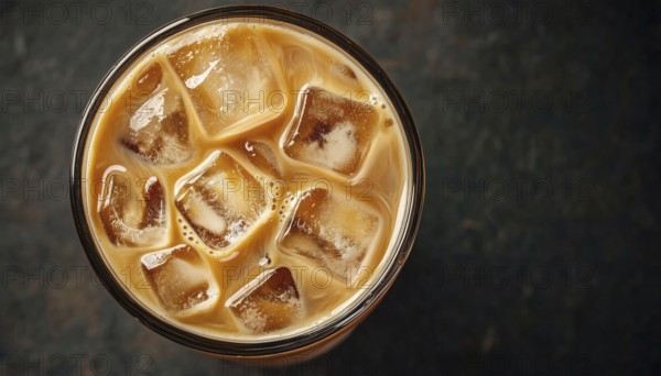 Top-Down View Of Iced Milk Coffee On Black Background: Close-Up Of Refreshing Drink Served Cold And Ready To Enjoy, AI generated