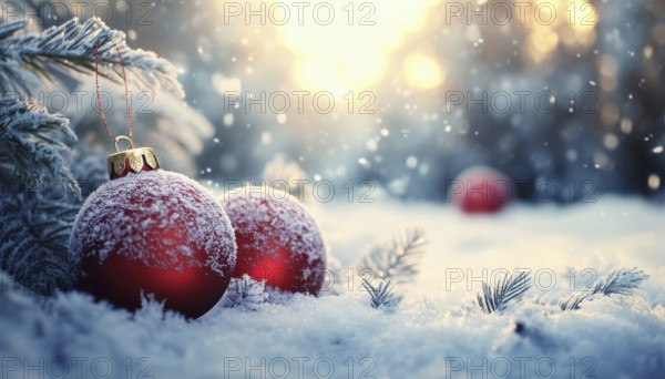 Festive Christmas Baubles In A Wintry Wonderland: Celebrating The Winter Holidays With Sparkling Ornaments, Shimmering In The Seasonal Snow, AI generated
