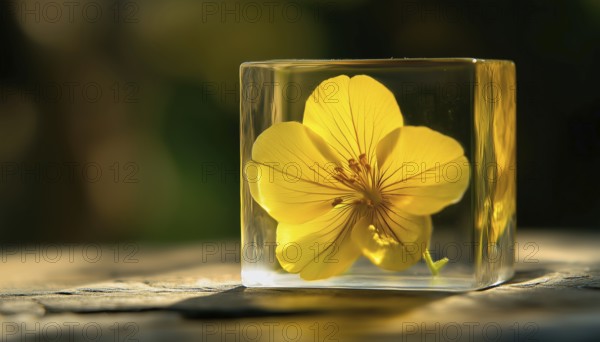 Capturing A Yellow Flower In A Stunning Epoxy Resin Cube: A Beautiful And Unique Decorative Piece For Your Home, AI generated
