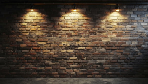 Vintage Interior Room Featuring Exposed Brick Wall And Three Accent Light Fixtures For A Cozy And Rustic Atmosphere, AI generated