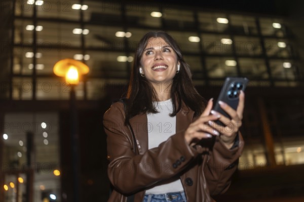 Young woman smiling and looking up, listening to music with wireless earbuds and using a smartphone on an illuminated urban street at night, enjoying modern technology