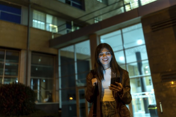 Young woman standing on a city street at night, looking at her smartphone and smiling with eyes closed, enjoying social media or a video call while wearing wireless earbuds