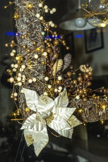 Festive christmas wreath adorned with golden and white poinsettia, berries, and string lights brightens a bayonne window