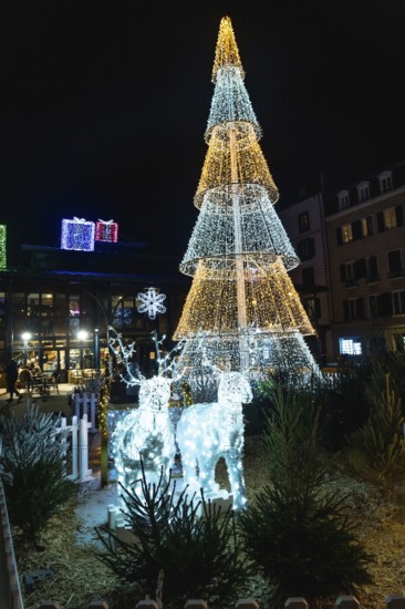 Luminous christmas tree and reindeer decorations create a festive atmosphere in bayonne, france, during the holiday season