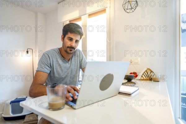 Young man concentrating on his laptop, enjoying a coffee while working remotely from his stylish kitchen