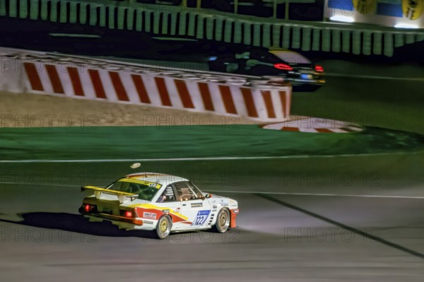 Beckmann-Opel Manta B with foxtail at night on the Nürburgring race track race track Grand Prix circuit, Nürburgring, Nürburg, Eifel, Rhineland-Palatinate, Germany