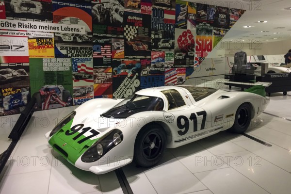 917-001 original model first version of the Porsche 917 racing car restored to its original condition from 1969, Porsche Museum, Stuttgart Zuffenhausen, Baden-Württemberg, Germany