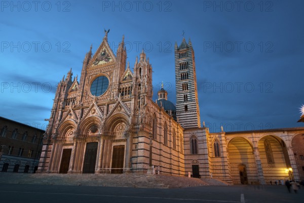 Illuminated Duomo illuminated cathedral of Siena Cattedrale Metropolitana di Santa Maria Assunta at dusk blue hour, Siena, Tuscany, Italy