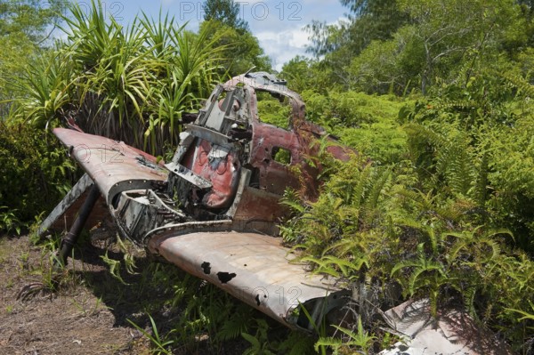 Aircraft wreckage of Japanese fighter aircraft A6M5 Model 52 Zero of Imperial Japanese Navy (IJN) from World War II destroyed by US Air Force 1944 during air raid on former Japanese Colonia Airfield on Yap Island, Yap State, Caroline Islands, FSM, Federated States of Micronesia, Australia, Oceania