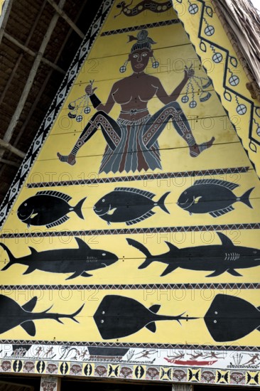 Traditional painting symbolism with depiction of a woman at traditional meeting house, Republic of Palau