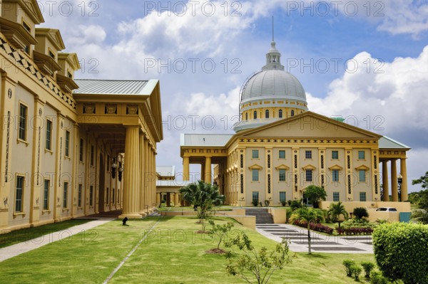 Side view from right Capitol of Republic of Palau, seat of Olbiil Era Kelulau Government of Palau and Supreme Court, architecturally modelled in neoclassical architecture on the USA Capitol in Washington, Ngerulmud, Melekeok, Babeldaob Island, Republic of Palau