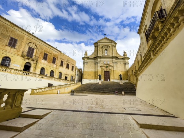 View of the forecourt and steps in front of St Marija's Cathedral in Gozo Citadel, Ir-Rabat Ghawdex, Victoria, Gozo Island, Malta