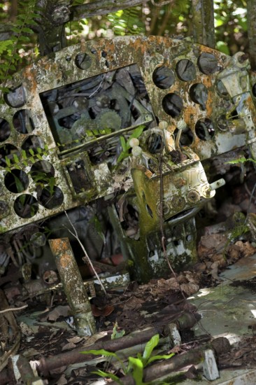Cockpit of Mitsubishi G4M1 bomber US code name Betty from Imperial Japanese Navy (IJN), Yap Island, Yap State, Caroline Islands, FSM, Federated States of Micronesia, Australia, Oceania, destroyed in WW II 1943 1944 on Pacific island Yap Island during attacks by USA