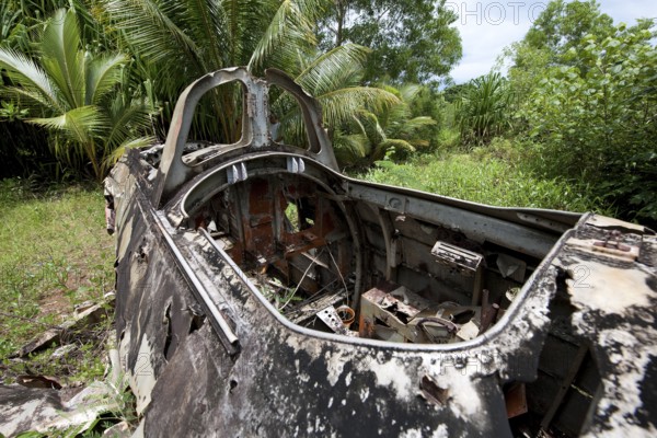 Aircraft wreckage of US Air Force 1944 in air raid on former Japanese Colonia Airfield destroyed Japanese fighter plane Nakajima B5N2 Kate torpedo bomber of Imperial Japanese Navy (IJN) from World War II on Yap Island, Yap State, Caroline Islands, FSM, Federated States of Micronesia, Australia, Oceania