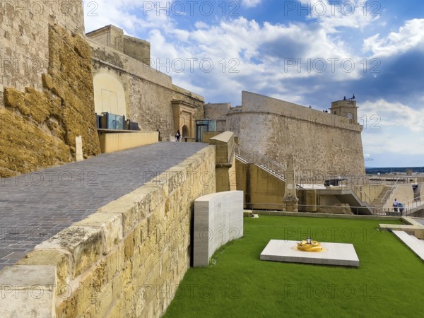Left staircase to Tor tor of Cittadella Citadel of Gozo, bottom right monument to Ottoman invasion, Victoria, Gozo, Malta