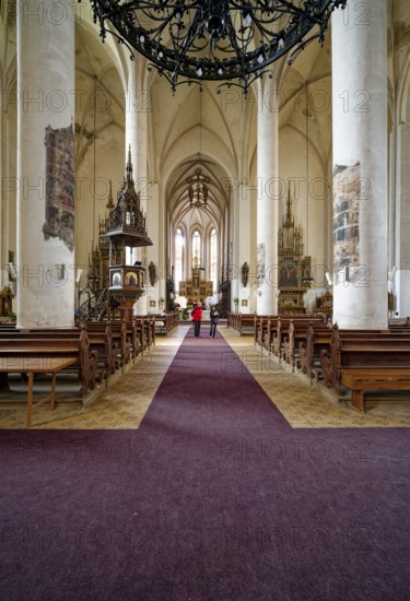 Historic Catholic parish church of St. Nicholas and Elisabeth with the pulpit, interior, interior, church square, Cheb, Cheb, Egerland, Bohemia, Czech Republic, Czech Republic