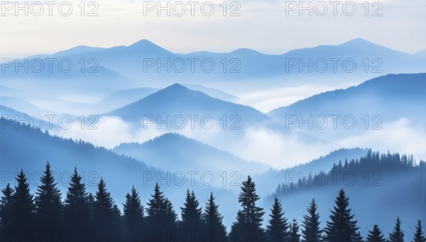 Pine Trees Forest Fading Into The Distance On Light Blue Mountains In Dense Fog - A Beautiful Scene Of Pine Trees Disappearing Into The Mist On Distant Mountains, AI generated