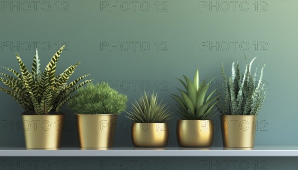 Golden Pots Holding Plants Displayed On A Shelf With Space For Copy. A Decorative Display Of Potted Plants. Eye-Catching, AI generated
