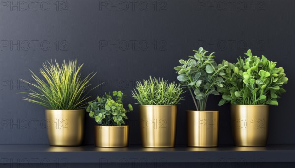 Beautiful Plants In Elegant Golden Pots Displayed On A Shelf With Ample Copy Space Available For Creative Design Concepts. Vivid And Stunning!, AI generated