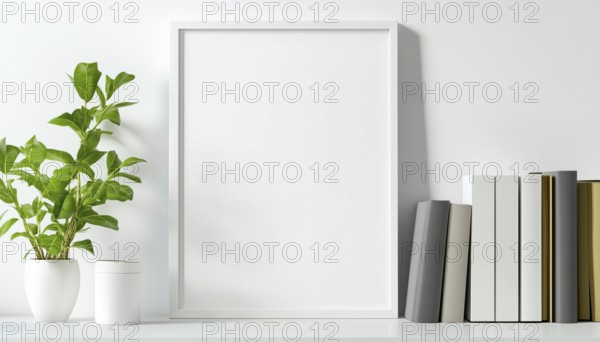 Bright White Frame Mockup Displayed On A Bookshelf - Minimalist Design With A Fresh, Clean Aesthetic - Perfect For Showcasing Artwork, AI generated