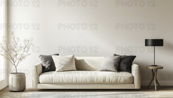 Sophisticated Living Room Interior Featuring Table Lamp Above Beige Sofa And Side Table On Empty Wall Rendering, AI generated