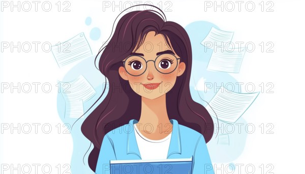 Graphic Of A Happy And Cute Girl In Blue, Used As An Object In Web Projects And Applications By A Woman Financial Accountant, AI generated