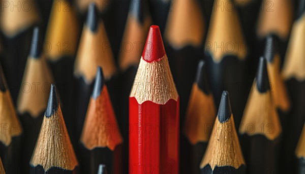 A Vibrant Red Pencil Among Dull Pencils: Standing Out From The Crowd And Catching Everyone'S Attention With Its Bright Color, AI generated