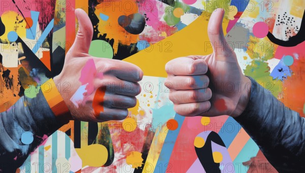Modern Art Collage Featuring Thumbs Up Gestures By Hands On A Memphis Design Poster. Exploring The Intersection Of Contemporary Art And Aesthetic Styles, AI generated
