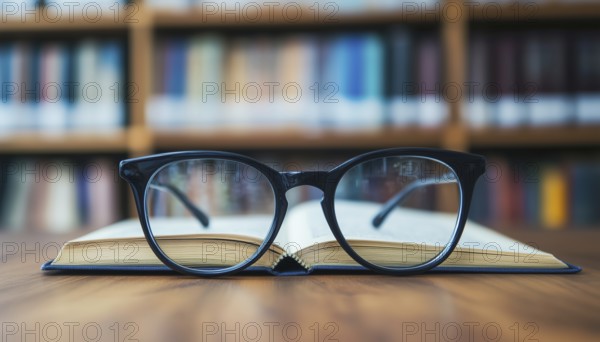 Education: Close-Up Shot Of Eyeglasses Resting On Wooden Desk Next To Book In Library, Symbolizing Learning And Knowledge Acquisition, AI generated