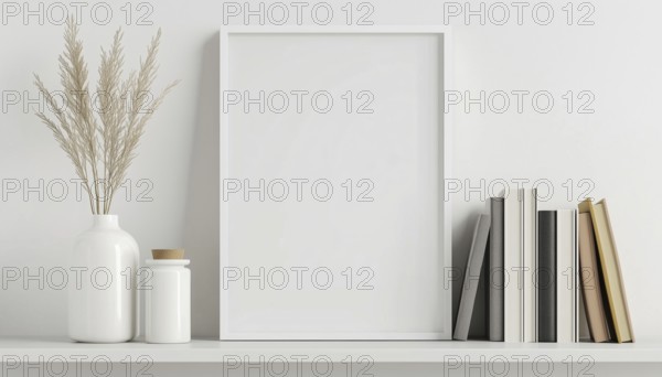 White Frame Mock-Up Displayed On A Bookshelf With Bright Lighting - Minimalistic And Modern DéCor. Stylish Foreground For Showcasing Artwork Or Photos, AI generated