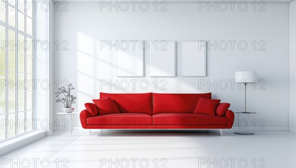 Elegant White Room Featuring A Bold Red Sofa: A Stunning Combination Of Colors Creates A Chic And Modern Space, AI generated