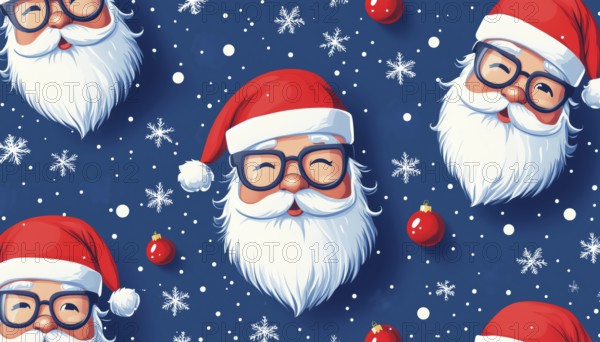 Charming Hipster Santa Heads Pattern On Blue For Festive Season Packaging And Decor - Perfect For Christmas And New Year, AI generated