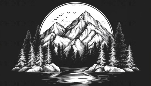 Exploring The Serene Beauty Of The Forest Mountain In Mono Art: A Badge Patch Pin Graphic Art T-Shirt Collection, AI generated