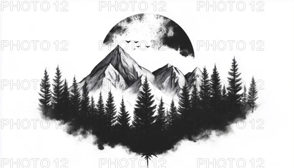 Mono Art: Capturing The Beauty Of Nature And Forest Mountains In Badge Patch Pin Graphic T-Shirt Design, AI generated