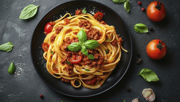 Top View Of Pasta With Bolognese Sauce, Fresh Basil, And Tomatoes Served On A Black Plate On A Graphite Background. Horizontal Shot, AI generated