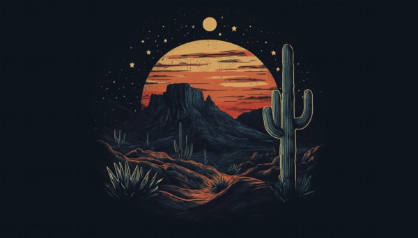 Explore The Thrilling Cactus Desert Camping Adventure At Night With This Wild Badge Patch Pin Graphic Art T-Shirt. Embrace Nature!, AI generated
