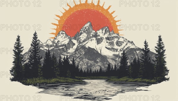 Vintage Art Of Grand Teton, Wyoming For Badges, Patches, T-Shirts, And Stickers: Unique Souvenirs Of A Beautiful Landscape In The Wild West, AI generated