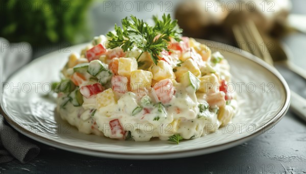 Close-Up Side View Of The Festive Traditional Olivier Salad Served On A White Plate. Classic Presentation Of This Delicious Dish, AI generated