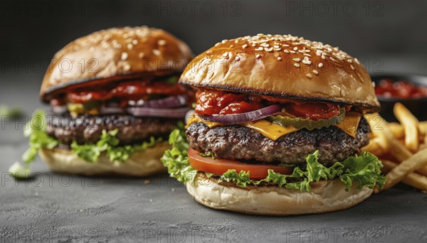 Close-Up Side View Of Two Large, Mouthwatering Burgers And French Fries On A Gray Background. Delightfully Appetizing!, AI generated