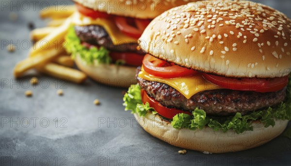 Close-Up View Of Two Large, Delicious Burgers And French Fries On A Gray Background. Side View Highlights Juicy Details, AI generated