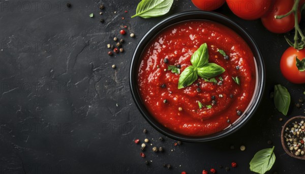 Classic Italian Tomato Sauce With Fresh Basil And Peppercorns On A Dark Background With Ingredients. Marinara Sauce. View From Above With Space For Text, AI generated