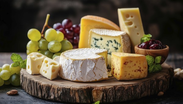 Assortment Of Cheese And Grapes On A Wooden Platter: Side View Featuring Various Types Of Cheese And Fresh Grapes, AI generated