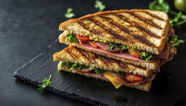 Delicious Grilled Ham And Vegetables Double Sandwich On Dark Background With Cheese. Fast Food Concept With Copy Space, AI generated