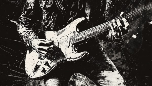 Monochrome Rockstar Musician Guitar And Drum In Mezzotint Photocopy Effect For Grunge Punk Y2k Collage: Guitarist Vocalist Retro Elements In Brutalist Vintage Music Poster, AI generated