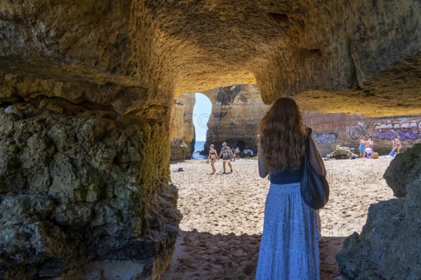 Beaches on the rocky coast of Ponta da Piedade, rugged coastal landscape, right next to Lagos town centre, in the west of the Algarve, Portugal