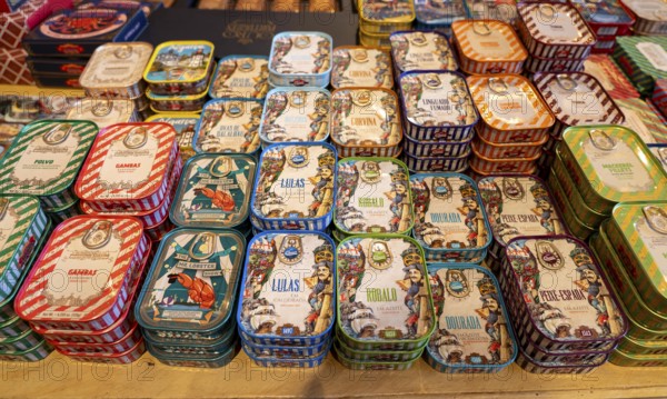 Comur sardines and other tinned fish products, popular souvenir from Portugal, flagship store, in Farm, Algarve, Portugal