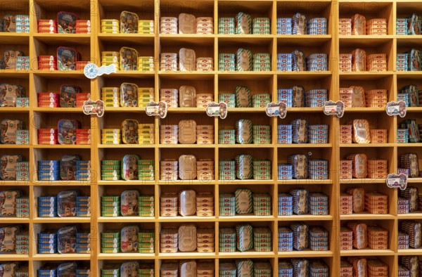 Comur sardines and other tinned fish products, popular souvenir from Portugal, flagship store, in Farm, Algarve, Portugal