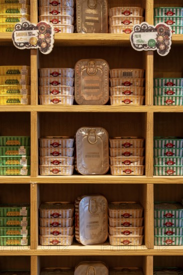 Comur sardines and other tinned fish products, popular souvenir from Portugal, flagship store, in Farm, Algarve, Portugal