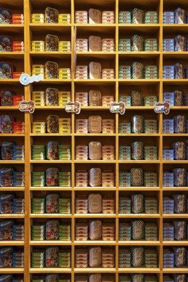 Comur sardines and other tinned fish products, popular souvenir from Portugal, flagship store, in Farm, Algarve, Portugal